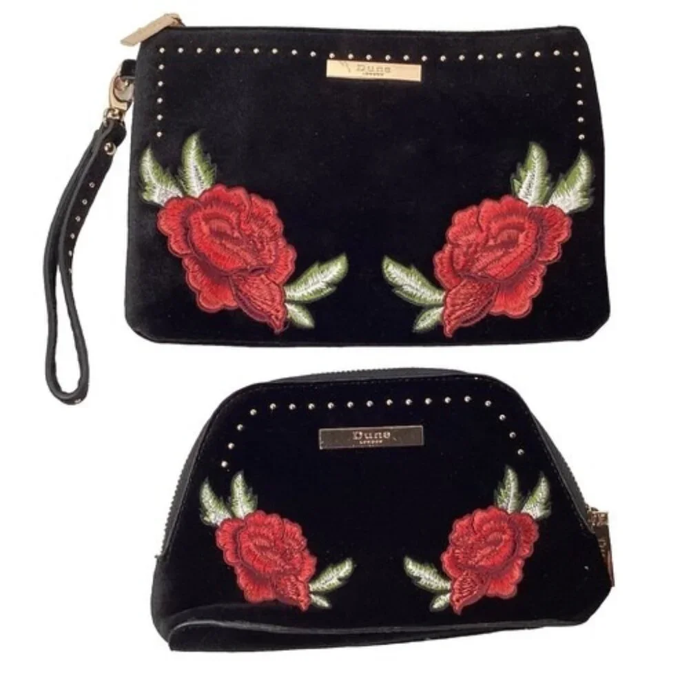 Dune London Clutch Makeup Bag Set of 2 Black Velvet Roses Vintage Gold Zipper - Picture 1 of 7